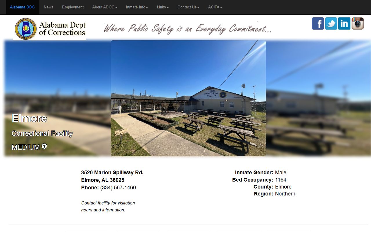 Elmore Correctional Facility ADOC inmate search and facility record page