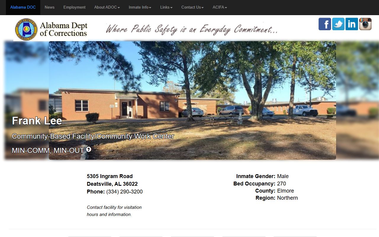 Frank Lee Community Based Facility ADOC inmate search and work center record page