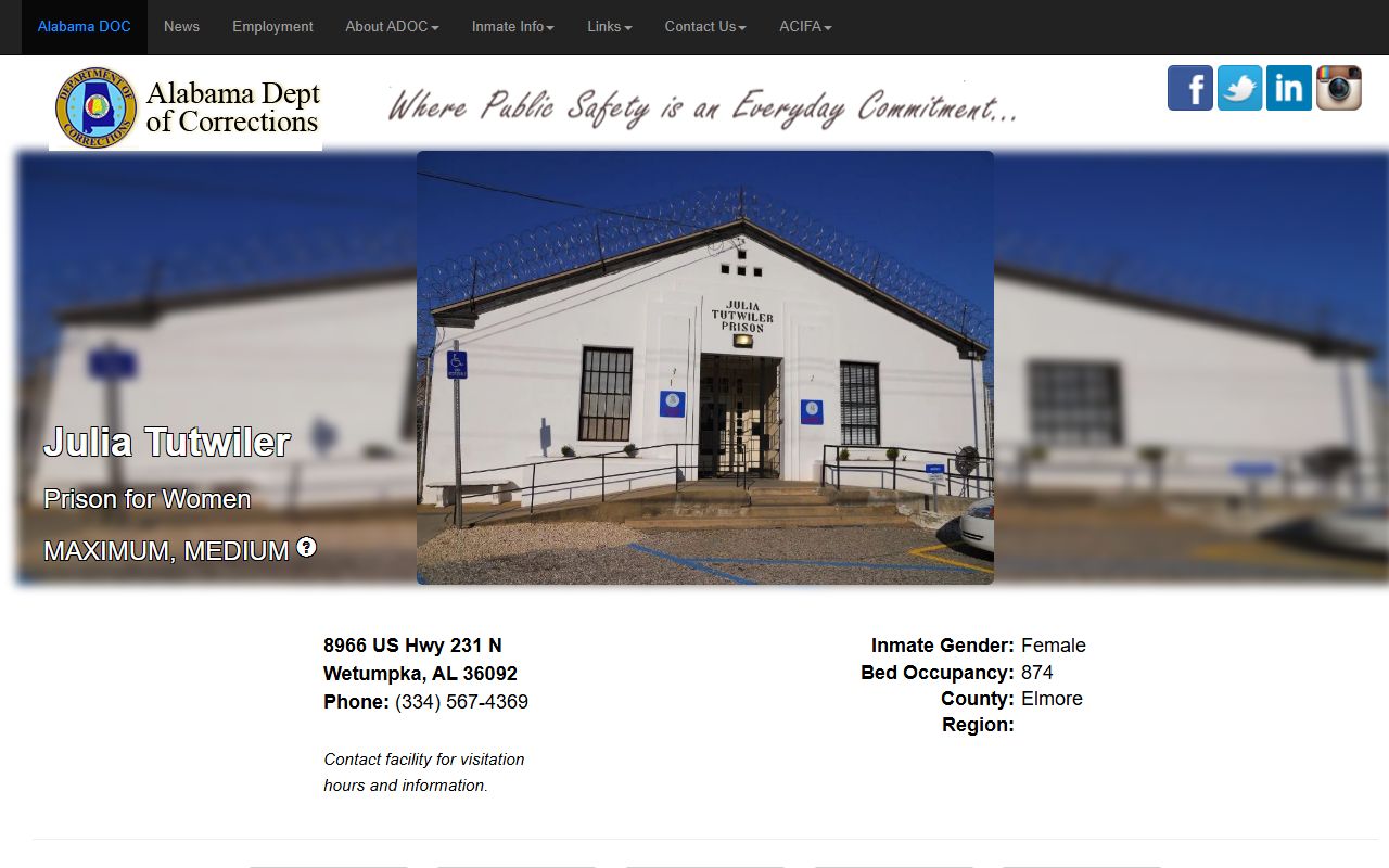 Julia Tutwiler Prison for Women ADOC inmate search and facility record page